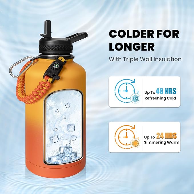 Insulated Water Bottle 64 oz, Triple Wall Vacuum Stainless Steel (Cold for 48 Hrs), Leak Proof & Non-BPA, Half Gallon Water Flask Jug with Paracord Handle & Straw Spout Lids, Ombre Orange-GravixFit