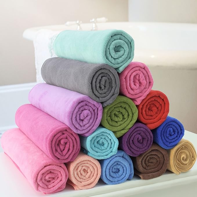 JML Microfiber Towels, Beach Towel Sets (6 Pack, 27" x 55") - Extra Absorbent, Fast Drying, Multipurpose for Bath, Swimming, Fitness, Sports, Yoga, Grey/Pink/Purple-GravixFit