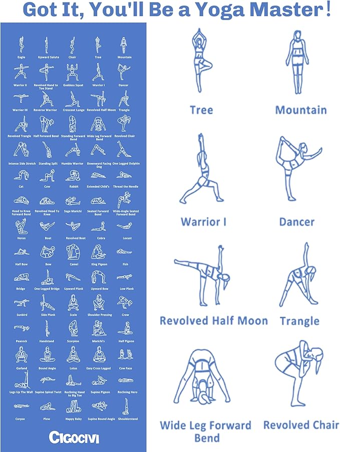 Instructional Travel Yoga Mat with 75 Poses & Exercises - Non-slip Exercise Mat for Home Workout, Includes Carrying Bag - Perfect for Beginners, 68"x24"x0.25"-GravixFit