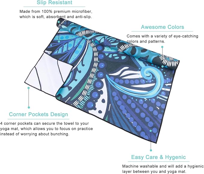 QiyI Yoga Mat Towel with Corner Pockets, Non Slip Sweat Absorbent Hot Yoga Towels, Soft Yoga Blankets with Travel Bag, Skidless Mat Cover for Workout, Gym, Fitness - 70"x26", Vintage Paisley-GravixFit