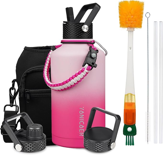 Insulated Water Bottle 64oz,Triple Wall Vacuum Stainless Steel(Dishwasher Safe),Leak Proof & Non-BPA,Flask Jug with Paracord Handle & Straw Spout Lids Sports-GravixFit