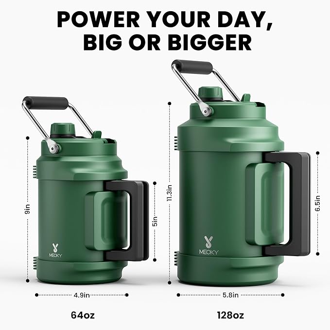 1 Gallon Insulated Water Bottle for Hiking: Meoky 128 oz Triple Wall Vacuum Stainless Steel Metal Water Jug - Top and Side Handles, Cold for 48 Hrs, 2-in-1 Straw and Spout Lid, Leakproof for Gym (Fir)-GravixFit