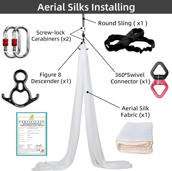 PRIOR FITNESS Aerial Silks Kit Colorful 9/15/20 Yards 40D Nylon Fabric Hammock Set With Hardware & Guide for All Levels Of Aerial Yoga Practice and Acrobatic Flying For Adults Aerial silk-GravixFit