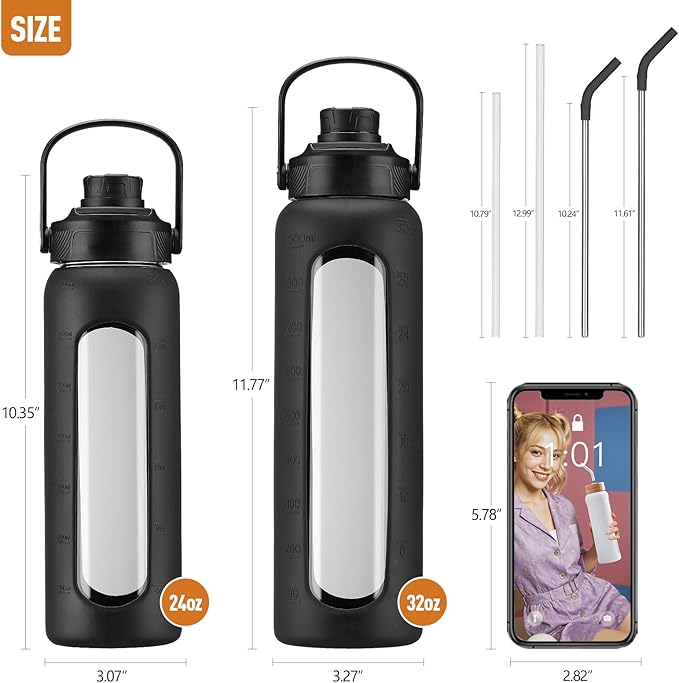 Kodrine Water Bottle with Straw, 24 oz Glass water Bottle with 2 Lids Bamboo Straw Lid and Spout Lid with Handle, 32 oz Clear Water Bottle Glass for Sports Travel, Waterbottle with Time Marker-GravixFit