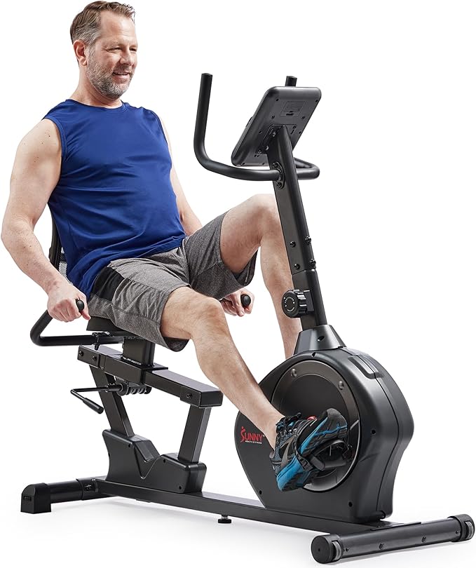 Sunny Health & Fitness Smart Heavy-Duty Recumbent Bike w/Wide Cushioned Seat & Back, Indoor Cycling Machine for Adult/Seniors Home Exercise, Free SunnyFit App Connect, Optional Workout Training Bands-GravixFit