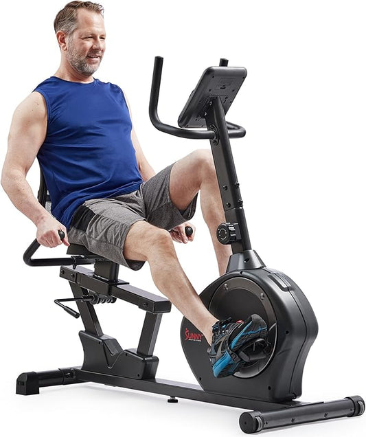 Sunny Health & Fitness Smart Heavy-Duty Recumbent Bike w/Wide Cushioned Seat & Back, Indoor Cycling Machine for Adult/Seniors Home Exercise, Free SunnyFit App Connect, Optional Workout Training Bands-GravixFit
