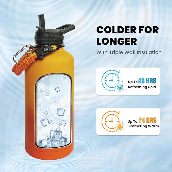 Insulated Water Bottle 87 oz, Triple Wall Vacuum Stainless Steel (Cold for 48 Hrs), Leak Proof & Non-BPA, Modern Water Flask Jug with Paracord Handle & Straw Spout Lids, Ombre Orange-GravixFit