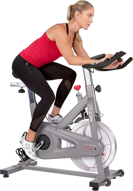 Sunny Health & Fitness Indoor Cycling Exercise Bike w/Pulse Sensors & 4-Way Adjustable Seat, Stationary Home Cardio Training Machine w/Micro-Adjustable Magnetic Resistance for Intensive Cardio Session
