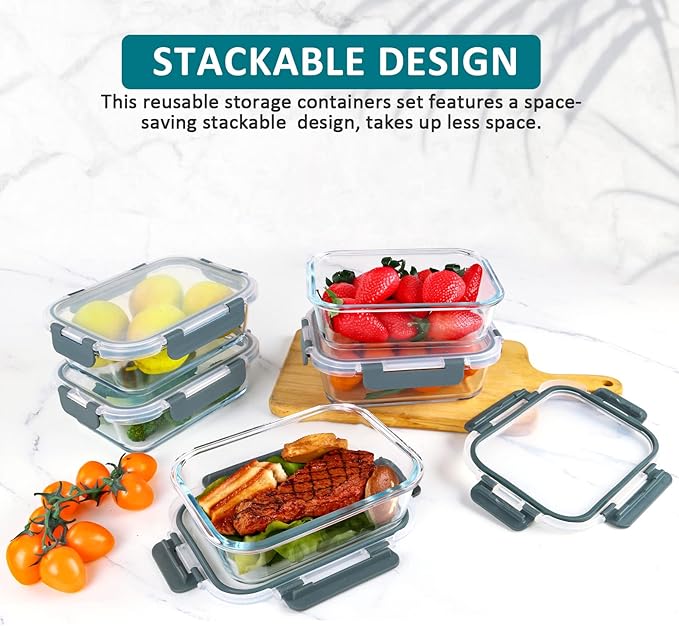 M MCIRCO [5-Packs, 30 Oz] Glass Meal Prep Containers with Snap Locking Lids Glass Food Containers,Airtight Lunch Container,Microwave, Oven, Freezer and Dishwasher-GravixFit