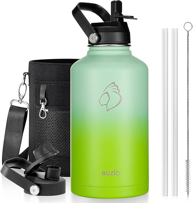 BUZIO 64oz Insulated Water Bottle, Triple Wall Stainless Steel (Cold for 48 Hrs) Leakproof Half gallon Jug/Flask with Straw Lid and Carry Bag for Sports Hiking, Camping, Gradient Green-GravixFit
