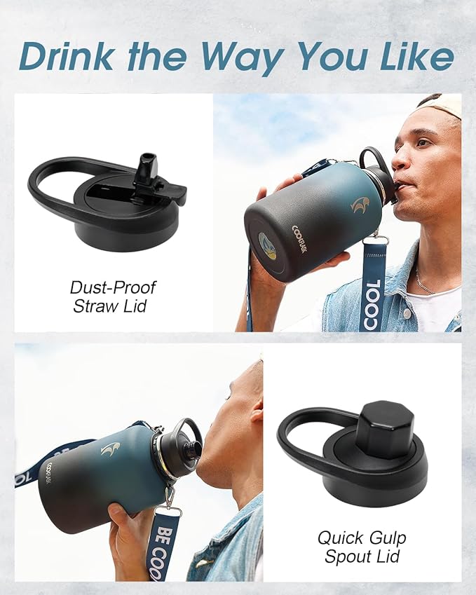 Coolflask 64 oz Water Bottle Insulated with Strap, Half Gallon Water Jug Stainless Steel with Straw & Spout Lids, Metal Large Water Flask, Keep Cold 48h Hot 24h, Leak Proof & Non-BPA, Prussian Blue-GravixFit