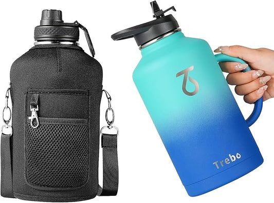 Trebo Half Gallon Water Bottle Insulated with Handle, 64 oz Double Wall Stainless Steel Metal Large Jug, Travel Flask with Straw Spout Lid, Mug Tumbler Cup with Carry Pouch, Keep Cold Hot, Blue-GravixFit