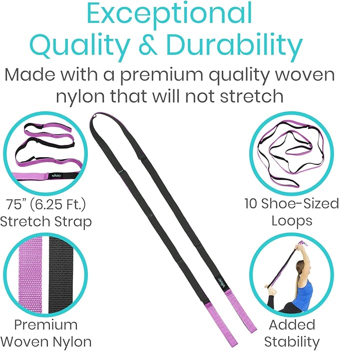 Vive Stretch Strap (75" - 10 Loops) - Leg Stretch Band to Improve Flexibility - Stretching Out Yoga Strap - Exercise and Physical Therapy Belt for Rehab, Pilates and Gymnastics with Guide Book-GravixFit