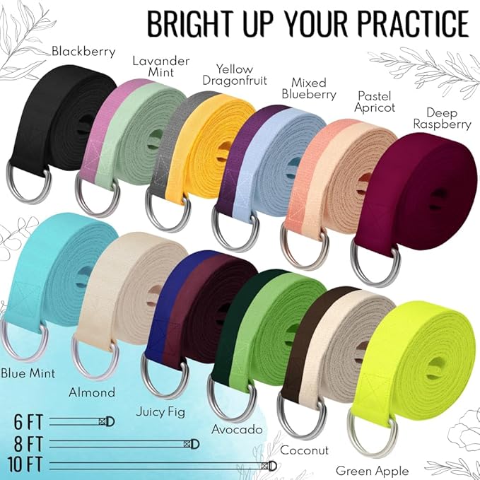 TECEUM Yoga Strap & Mat Strap – 2 IN 1 – Cotton – 6 ft 8 ft 10 ft (30+ colors) – Adjustable Non-Slip Belt for Yoga, Pilates, Stretching, Physical Therapy, Fitness & Home Workout – For Carrying Mats-GravixFit