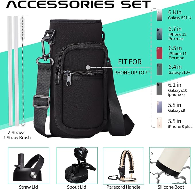 40oz Insulated Water Bottle - w/Straw Spout Lid, Bottle Holder with Strap, Paracord Handle, Protective Bottom Boot, Stainless Steel Metal Thermo Jug Flask Cold 48h & Hot 24h, Cream White-GravixFit