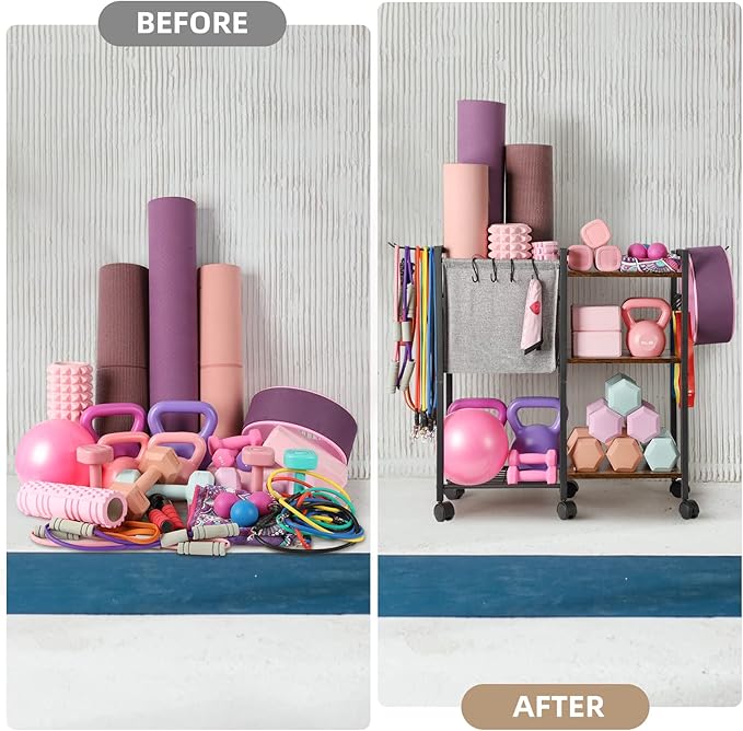 Yoga Mat Storage Rack Home Gym Equipment Organizer Holder for Foam Roller Dumbbells Kettlebells Resistance Bands and More Accessories Women Men Workout Organization with Hooks Wheels (Black)-GravixFit