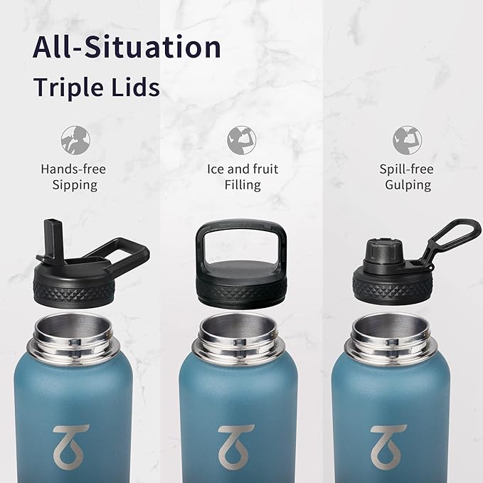 Trebo Water Bottle Insulated 40oz with Paracord Handle, Vacuum Double Wall Stainless Steel Water Jug, 48hr Cold Retention, Leakproof BPA-Free Flask With 3 Lids Fits in Car Cup Holder, Indigo/Black-GravixFit