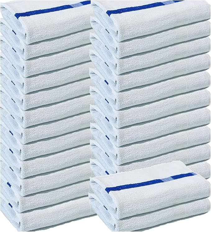Towels N More 24x48 Soft Poolside Towels - 24 Large Super Absorbent Pool Towel White and Blue Center Stripe - Ideal for Home, Pool, Spa, Gym, Hotel, Motel Rental Room Use - 100% Cotton Bath Towels-GravixFit