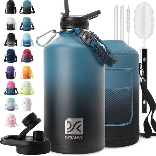 1 Gallon Water Bottle Insulated | Thickened Stainless Steel Vacuum Metal Water Jug | Portable Sports Large for Gym and Hiking with Straw, Carrier Bag, Handle Strap | BPA-Free 128 oz-GravixFit
