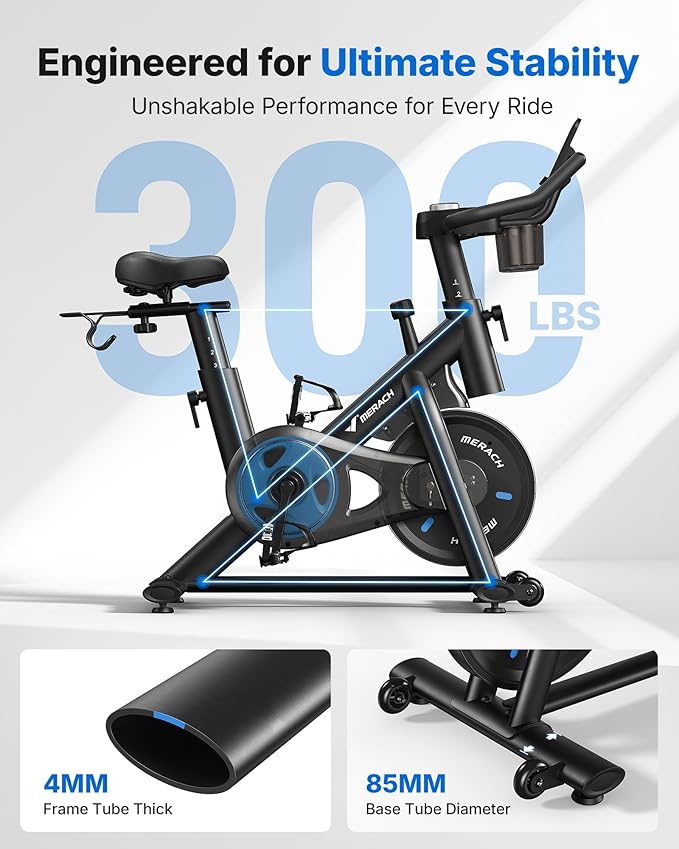 MERACH Exercise Bike, Brake Pad Stationary Bike with Exclusive App, Low Noise Indoor Cycling Bike with 300lbs Weight Capacity, Tablet Mount and Fitness Courses for Weight Loss-GravixFit