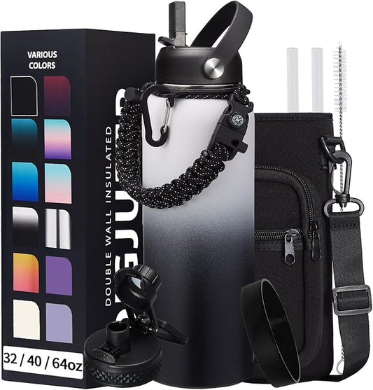 Stainless Steel Water Bottle 40oz with Straw & Auto Spout Lids, Paracord Handle, Insulated Water Flask Carrier Bag & Protective Boot, Thermo Bottle Mug Metal Canteen Keep Cold-48H & Hot-24H-GravixFit