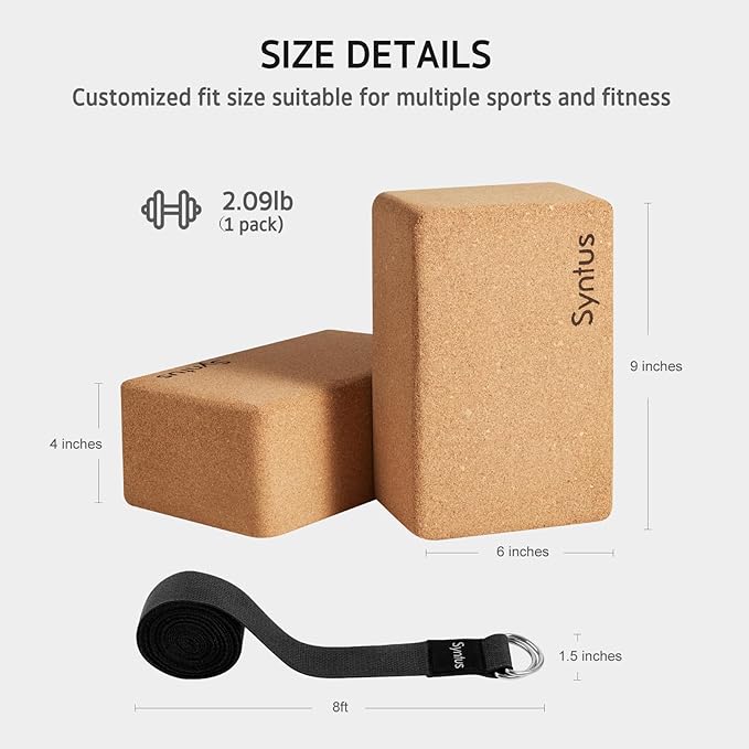 Syntus Yoga Block and Yoga Strap Set, 2 Soft Non-Slip Yoga Blocks 9×6×4 inches, 8FT Metal D-Ring Strap for Yoga, General Fitness, Pilates, Stretching and Toning-GravixFit