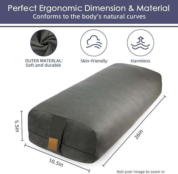 Yoga Bolster (26x10.5x5.5 in) Supportive Yoga Cushion for Restorative Yin Yoga Accessories Rectangular Bolster for Stretching Meditation Pillow 100% Organic Cotton Removable Washable Cover-GravixFit