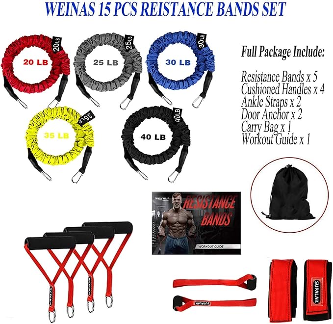 Resistance Bands, 15 Pieces Exercise Elastic Bands Set, 20lbs to 40lbs Resistance Tubes with Heavy Duty Protective Nylon Sleeves Anti-Snap for Fitness SUPALAK-GravixFit