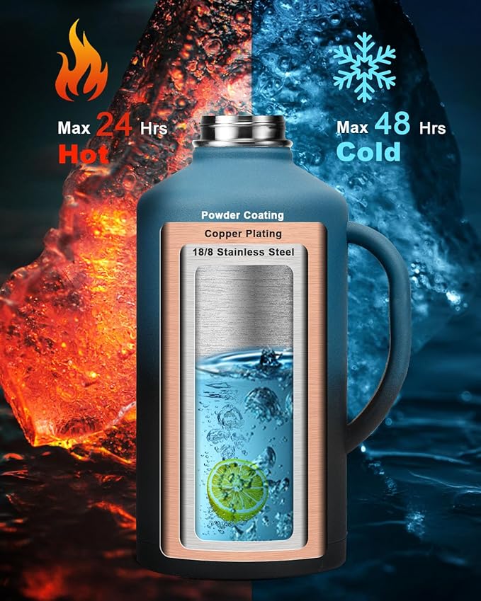 128 oz Stainless Steel Water Bottle with Handle and Carry Pouch, One Gallon Insulated Mug Tumbler with Straw Lid Spout Lid,Reusable Metal Water Bottle Jug Flask Cup,Keep Cold & Hot,Indigo Black-GravixFit