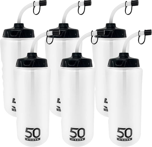 50 Strong 1 Liter BPA-Free Plastic Round Sports Water Bottle with Straw - 6 Pack-GravixFit