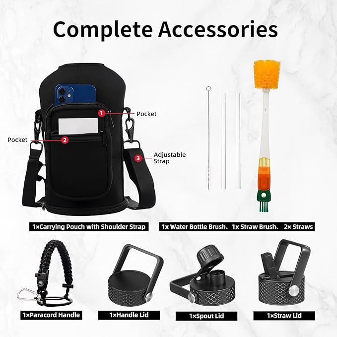 Insulated Water Bottle 64oz,Triple Wall Vacuum Stainless Steel(Dishwasher Safe),Leak Proof & Non-BPA,Flask Jug with Paracord Handle & Straw Spout Lids Sports-GravixFit