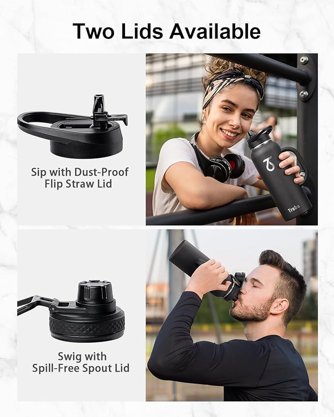 Trebo 40oz Water Bottle Insulated with Handle, Stainless Steel Metal Large Jug,Travel Flask with Straw Spout Lid,Mug Tumbler Cup with Carry Pouch,Keep Cold Hot, Indigo Black-GravixFit