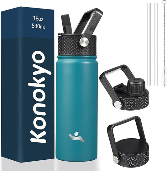 18 oz Insulated Water Bottle Stainless Steel Sport Bottles with 3 Lids,Light Blue-GravixFit