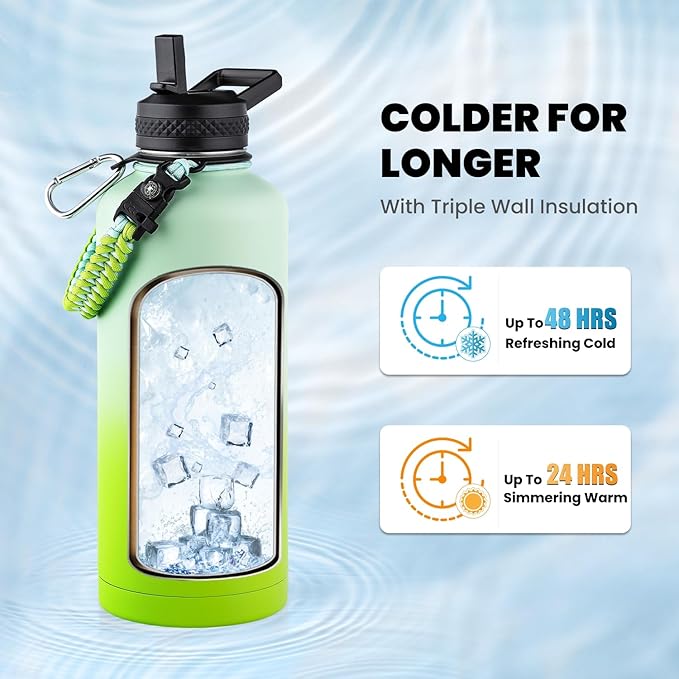 Insulated Water Bottle 87 oz, Triple Wall Vacuum Stainless Steel (Cold for 48 Hrs), Leak Proof & Non-BPA, Modern Water Flask Jug with Paracord Handle & Straw Spout Lids, Ombre Green-GravixFit