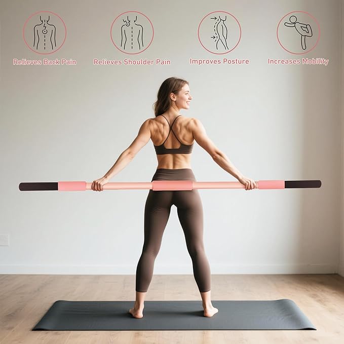 Pink Yoga Stick 58 Inch - Alloy Steel Stretching, Mobility & Exercise Stick with Neck & Hand Pads, Shoulder Flexibility Tool for Yoga, Pilates & Home Gym Workouts-GravixFit