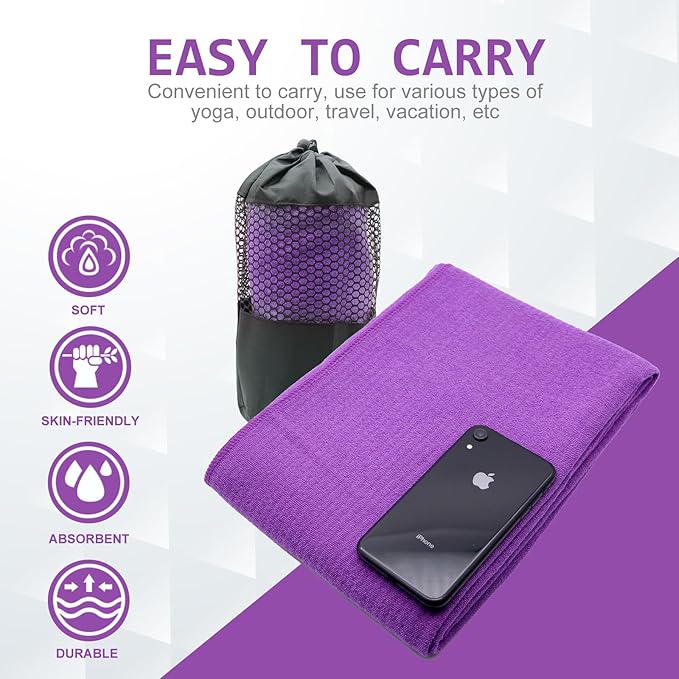 Eunzel Yoga Towel,Hot Yoga Mat Towel with Grip Dots Sweat Absorbent Non-Slip for Hot Yoga, Pilates and Workout 24" x72", Purple-GravixFit
