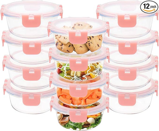 12 Pack 13oz Small Glass Food Storage Containers with Lids Airtight, Leak-Proof Round Meal Prep Containers Set, Freezer to Microwave Safe, Dishwasher Safe-GravixFit
