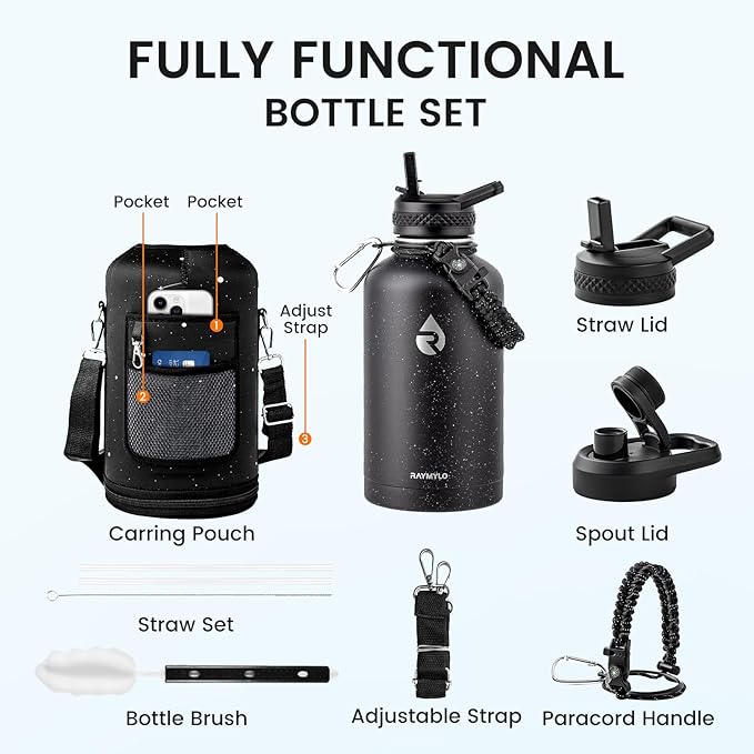 64oz Insulated Water Bottle, Triple Wall Vacuum Stainless Steel Water Bottles - Keeps Cold 48H, Reusable Half Gallon Jug for Gym, Sports, Camping, Hiking,Travel, Black Speckled-GravixFit