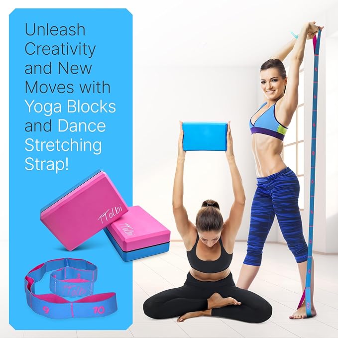 Yoga Blocks 2 Pack Set with Dance Stretch Band & Guide: Non-Slip EVA Foam Block - Ideal Stretching Equipment for Home Workouts, Pilates, Dance, Ballet, Gymnastics, Exercise - Stretch Strap Stuff Props-GravixFit