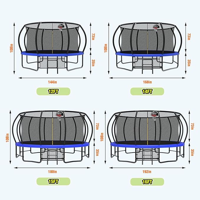 10 12 14 15 16FT Outdoor Trampolines for Kids and Adults, Pumpkin Trampoline with Curved Poles, Recreational Trampoline with Basketball Hoop and Safety Enclosure Net for Kids and Adults-GravixFit