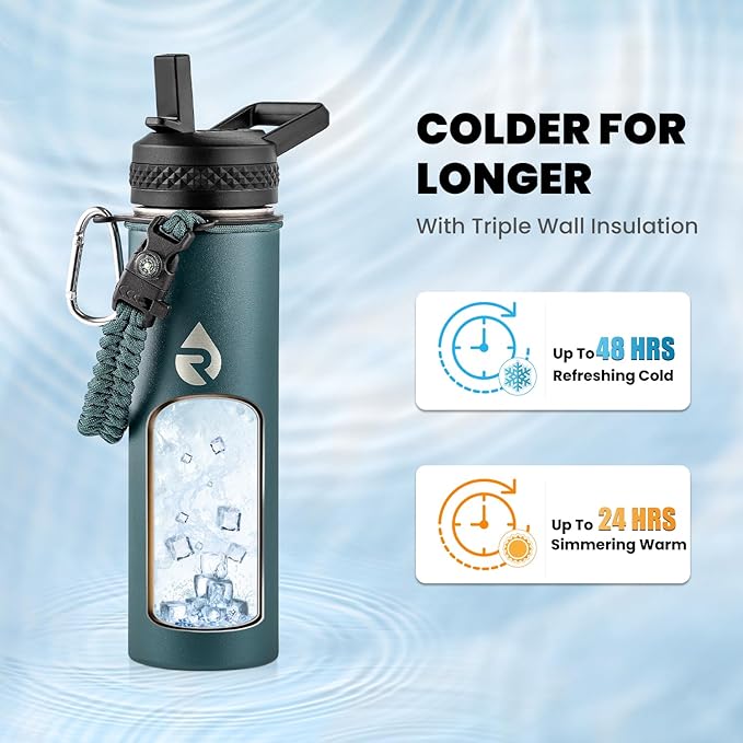 Insulated Water Bottle 20 oz, Triple Wall Vacuum Stainless Steel (Cold for 48 Hrs), Leak Proof & Non-BPA, Kids Water Bottle Jug for School with Straw Spout Lids, Dark Green-GravixFit