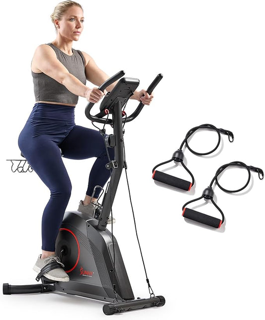 Sunny Health & Fitness Smart Stationary Exercise Upright Bike w/Pulse Sensor & 4-Way Adjustable Seat, Cycling Machine for Home Cardio Training, Free SunnyFit App Connection, Optional Resistance Band