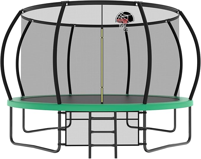 10 12 14 15 16FT Outdoor Trampolines for Kids and Adults, Pumpkin Trampoline with Curved Poles, Recreational Trampoline with Basketball Hoop and Safety Enclosure Net for Kids and Adults-GravixFit