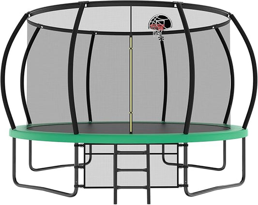10 12 14 15 16FT Outdoor Trampolines for Kids and Adults, Pumpkin Trampoline with Curved Poles, Recreational Trampoline with Basketball Hoop and Safety Enclosure Net for Kids and Adults-GravixFit
