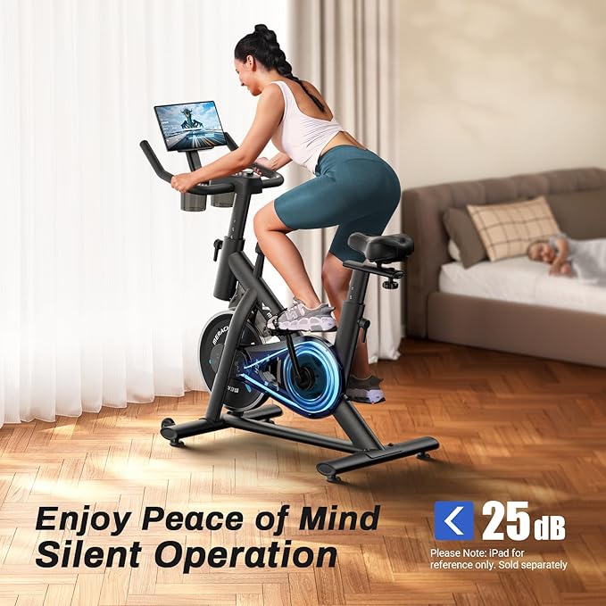 MERACH Exercise Bike, Brake Pad Stationary Bike with Exclusive App, Low Noise Indoor Cycling Bike with 300lbs Weight Capacity, Tablet Mount and Fitness Courses for Weight Loss-GravixFit