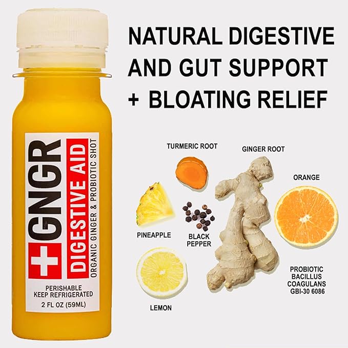 '+GNGR Digestive Aid Organic Ginger Shots with Probiotics, Gut Health, Colon Cleanse, Bloating Relief, Gut Detox, Immunity Shots with Ginger Juice, Turmeric, Black Pepper. (2 Oz, Pack of 12)-GravixFit