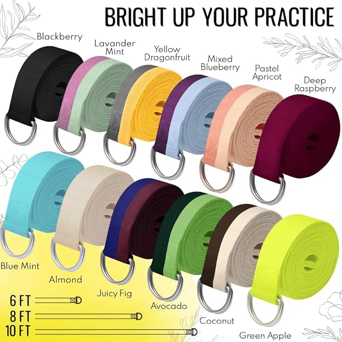 TECEUM Yoga Strap & Mat Strap – 2 IN 1 – Cotton – 6 ft 8 ft 10 ft (30+ colors) – Adjustable Non-Slip Belt for Yoga, Pilates, Stretching, Physical Therapy, Fitness & Home Workout – For Carrying Mats-GravixFit