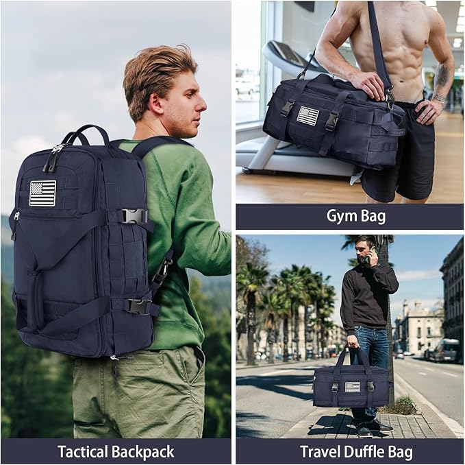 ETRONIK Gym Bags for Men Women, Military Travel Duffle Bag Backpack with Shoe Compartment, 3 in 1 Carry on with Wet Pocket, Weekender Overnight Range Backpack for Workout Football Gym, Blue-GravixFit