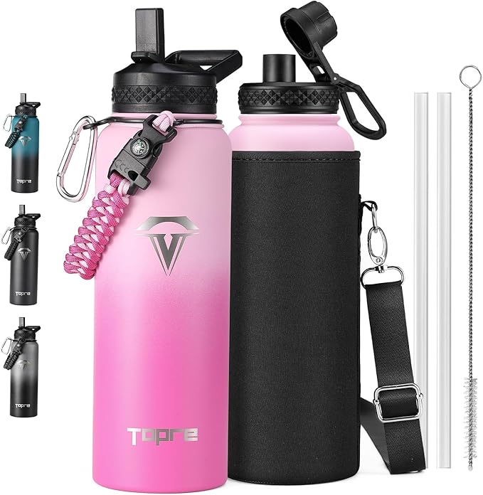 40oz Insulated Water Bottle,Stainless Steel Vacuum Water Bottle, BPA-Free & Leakproof -with Paracord Handle,Strap,Straw Spout Lids,Large Water Jug for Gym Sports-GravixFit