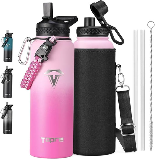 40oz Insulated Water Bottle,Stainless Steel Vacuum Water Bottle, BPA-Free & Leakproof -with Paracord Handle,Strap,Straw Spout Lids,Large Water Jug for Gym Sports-GravixFit